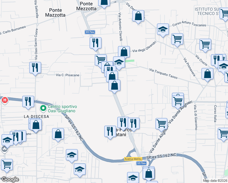 map of restaurants, bars, coffee shops, grocery stores, and more near SS7bis in Città Metropolitana di Napoli