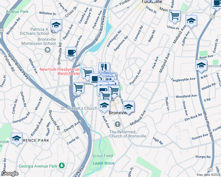 map of restaurants, bars, coffee shops, grocery stores, and more near 65 Pondfield Road in Bronxville