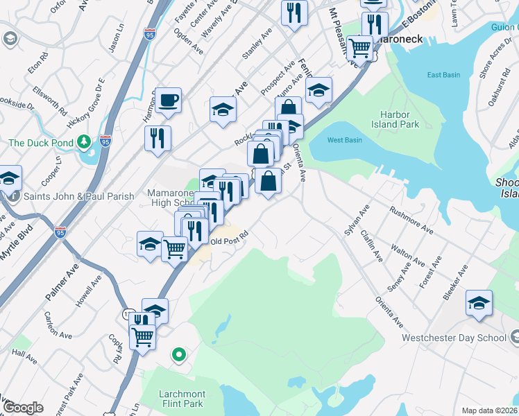 map of restaurants, bars, coffee shops, grocery stores, and more near 909 Old Boston Post Road in Mamaroneck