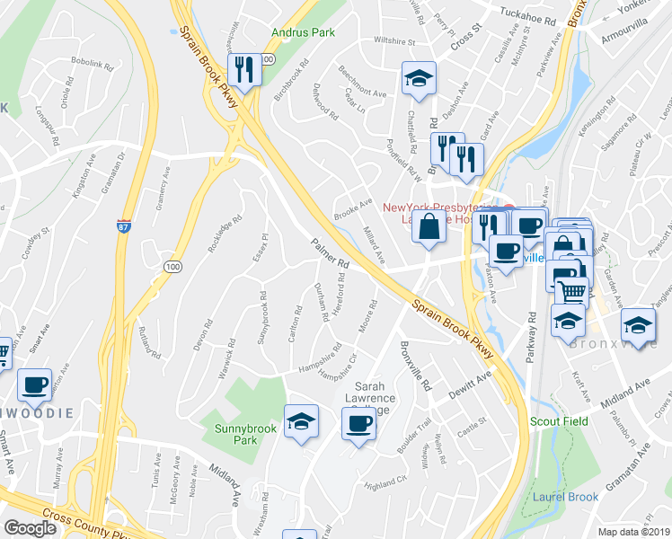 map of restaurants, bars, coffee shops, grocery stores, and more near 830 Palmer Road in Yonkers