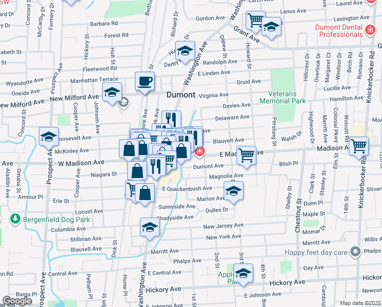map of restaurants, bars, coffee shops, grocery stores, and more near 52 East Madison Avenue in Dumont