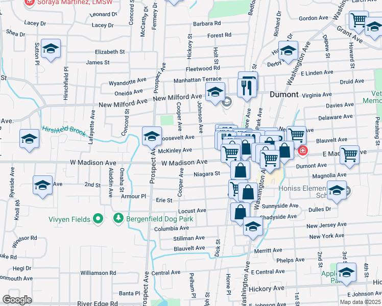 map of restaurants, bars, coffee shops, grocery stores, and more near 142 Johnson Avenue in Dumont