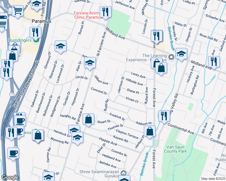 map of restaurants, bars, coffee shops, grocery stores, and more near 349 Harrison Street in Paramus
