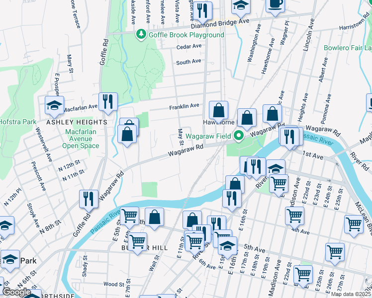 map of restaurants, bars, coffee shops, grocery stores, and more near 213 Wagaraw Road in Hawthorne
