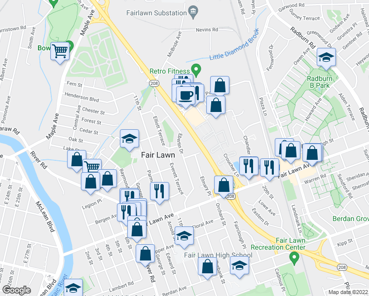 map of restaurants, bars, coffee shops, grocery stores, and more near 16-10 Eberlin Drive in Fair Lawn
