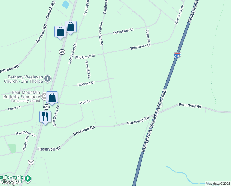 map of restaurants, bars, coffee shops, grocery stores, and more near 177 Panther Run Rd in Jim Thorpe
