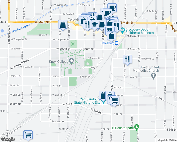 map of restaurants, bars, coffee shops, grocery stores, and more near 109 East Knox Street in Galesburg
