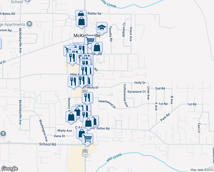 map of restaurants, bars, coffee shops, grocery stores, and more near 1964 Cypress Court in McKinleyville