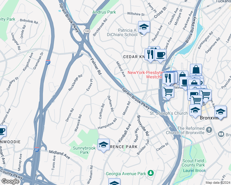 map of restaurants, bars, coffee shops, grocery stores, and more near 830 Palmer Road in Yonkers