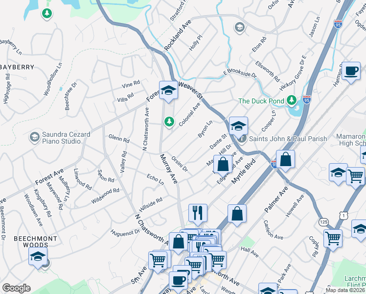 map of restaurants, bars, coffee shops, grocery stores, and more near 12 Byron Lane in Larchmont