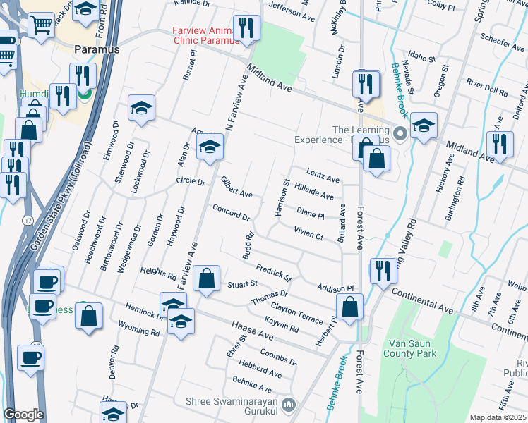 map of restaurants, bars, coffee shops, grocery stores, and more near 349 Harrison Street in Paramus