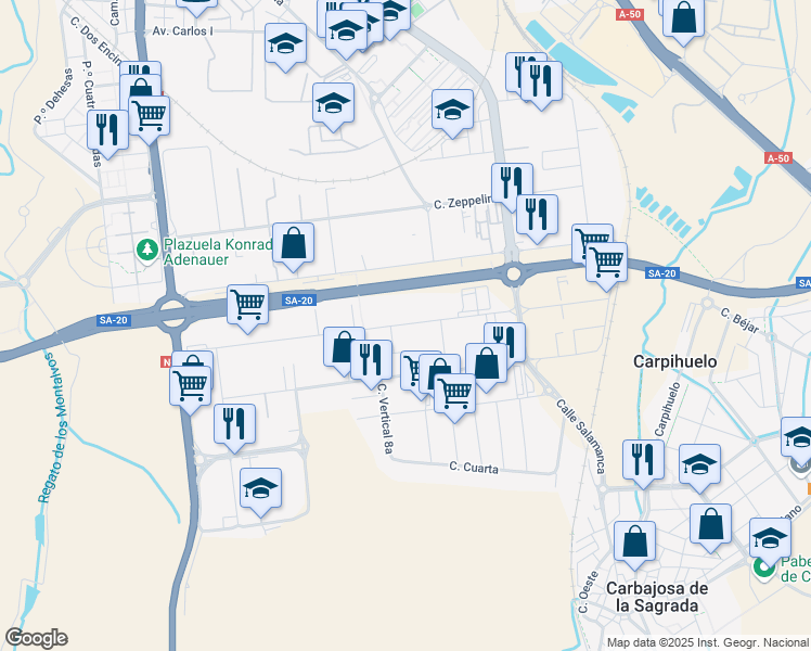 map of restaurants, bars, coffee shops, grocery stores, and more near 31 Calle Primera in Carbajosa de la Sagrada