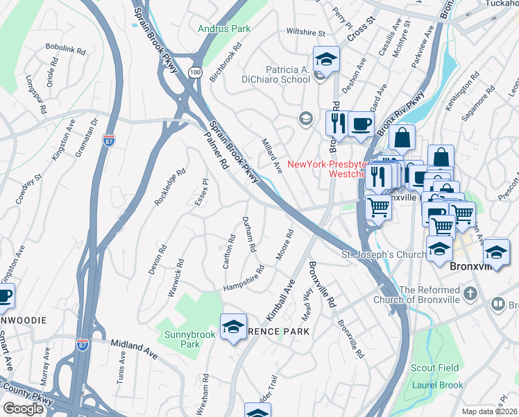 map of restaurants, bars, coffee shops, grocery stores, and more near 830 Palmer Road in Yonkers