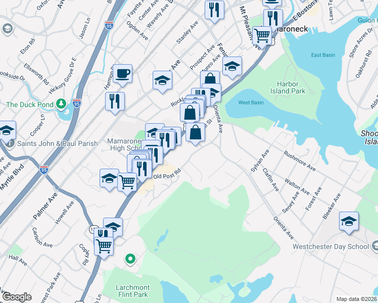 map of restaurants, bars, coffee shops, grocery stores, and more near 909 Old Boston Post Road in Mamaroneck