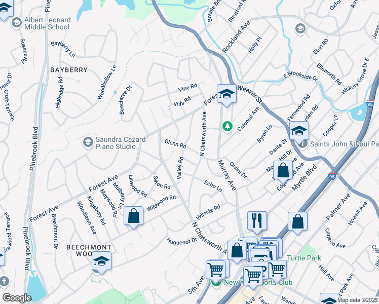 map of restaurants, bars, coffee shops, grocery stores, and more near 42 Glenn Road in Larchmont
