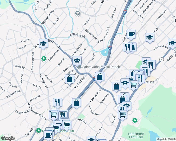map of restaurants, bars, coffee shops, grocery stores, and more near 34 Myrtle Boulevard in Larchmont