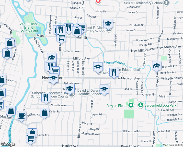 map of restaurants, bars, coffee shops, grocery stores, and more near 363 Madison Court in New Milford
