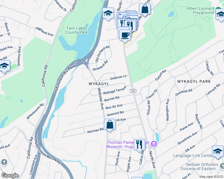 map of restaurants, bars, coffee shops, grocery stores, and more near 61 Wykagyl Terrace in New Rochelle