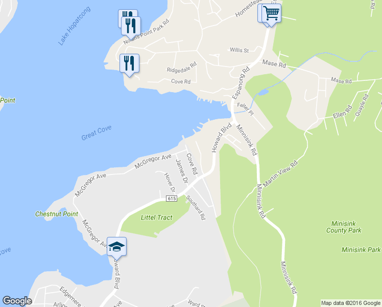 map of restaurants, bars, coffee shops, grocery stores, and more near 20 Cove Road in Mount Arlington