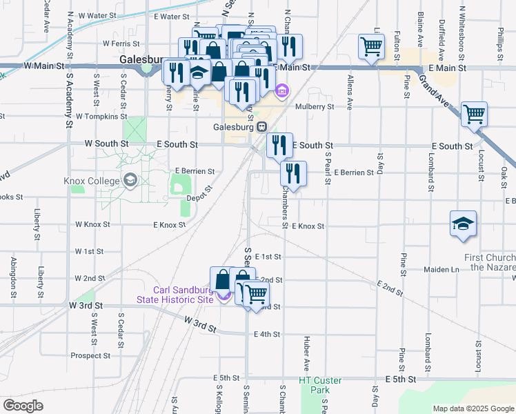 map of restaurants, bars, coffee shops, grocery stores, and more near 515 South Seminary Street in Galesburg