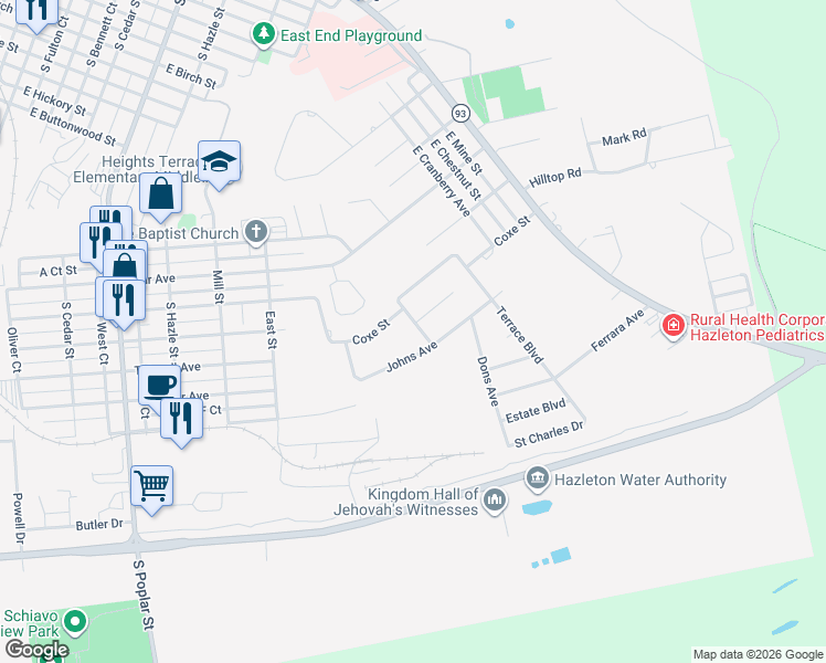 map of restaurants, bars, coffee shops, grocery stores, and more near 1412 Roberts Avenue in Hazleton