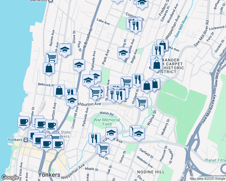 map of restaurants, bars, coffee shops, grocery stores, and more near 116 Loehr Place in Yonkers