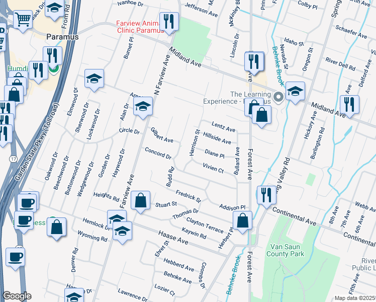 map of restaurants, bars, coffee shops, grocery stores, and more near 349 Harrison Street in Paramus
