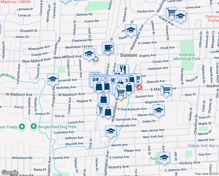 map of restaurants, bars, coffee shops, grocery stores, and more near 64 Park Avenue in Dumont