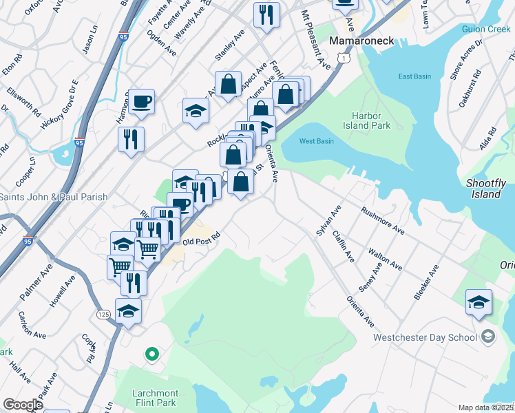 map of restaurants, bars, coffee shops, grocery stores, and more near 341 Orienta Avenue in Mamaroneck