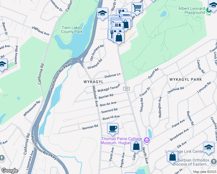 map of restaurants, bars, coffee shops, grocery stores, and more near 61 Wykagyl Terrace in New Rochelle