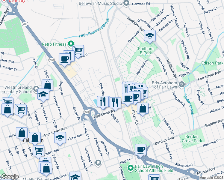 map of restaurants, bars, coffee shops, grocery stores, and more near 15 Pollitt Drive in Fair Lawn