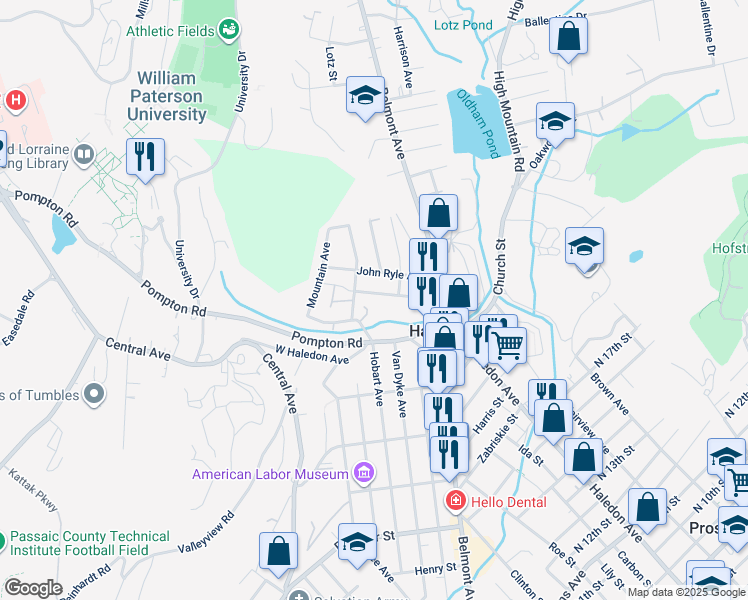map of restaurants, bars, coffee shops, grocery stores, and more near 69 Buschmann Avenue in Haledon