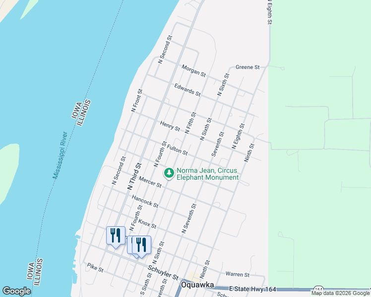 map of restaurants, bars, coffee shops, grocery stores, and more near 705 North 5th Street in Oquawka