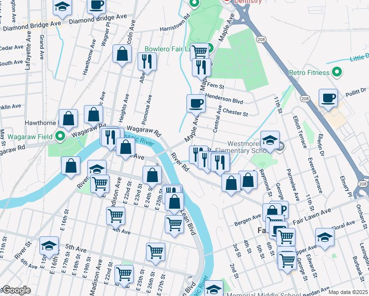 map of restaurants, bars, coffee shops, grocery stores, and more near 18-37 River Road in Fair Lawn
