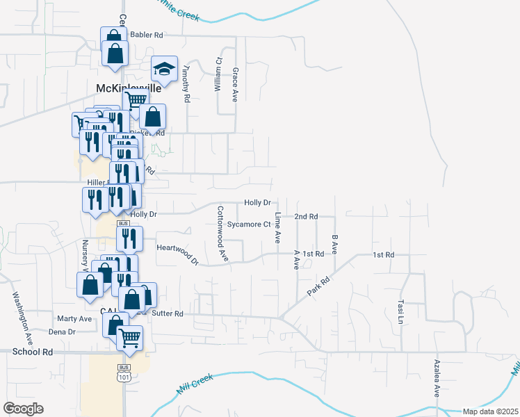 map of restaurants, bars, coffee shops, grocery stores, and more near 1962 Holly Drive in McKinleyville