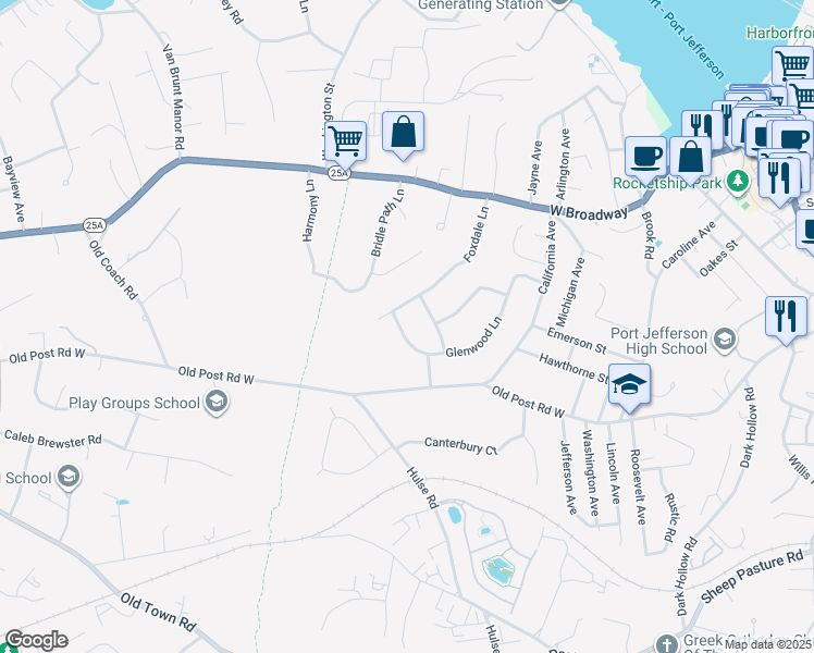 map of restaurants, bars, coffee shops, grocery stores, and more near 103 Glenwood Lane in Port Jefferson