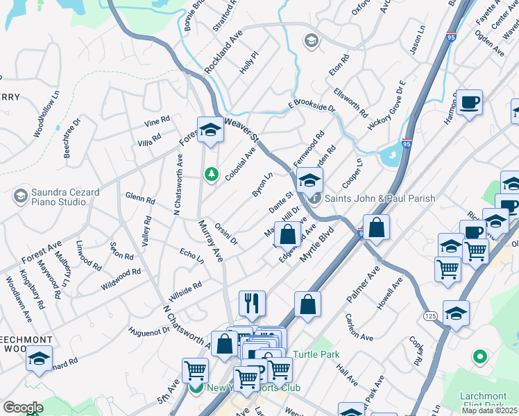 map of restaurants, bars, coffee shops, grocery stores, and more near 24 Dimitri Place in Larchmont