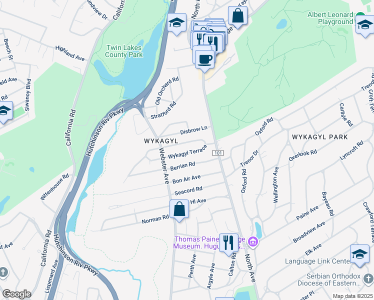 map of restaurants, bars, coffee shops, grocery stores, and more near 61 Wykagyl Terrace in New Rochelle