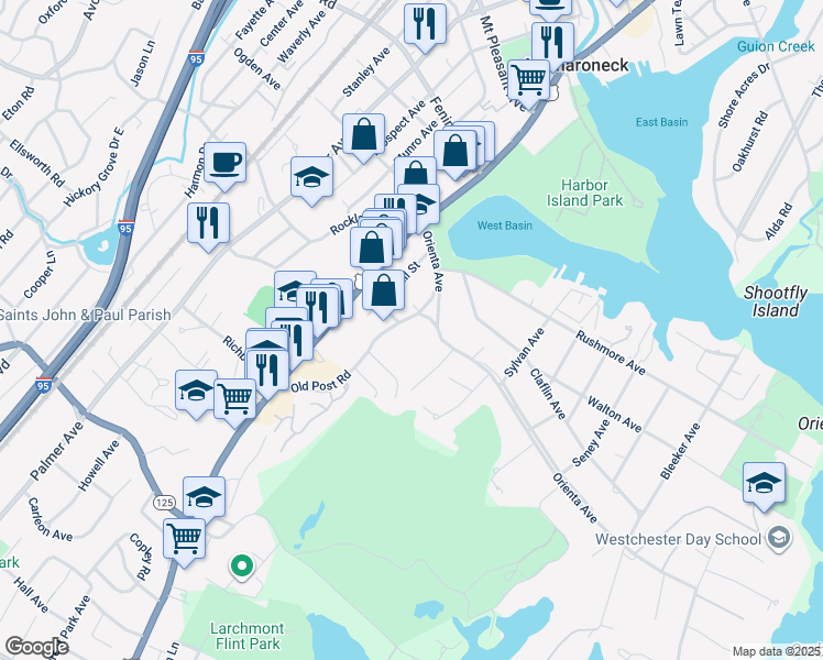 map of restaurants, bars, coffee shops, grocery stores, and more near 341 Orienta Avenue in Mamaroneck