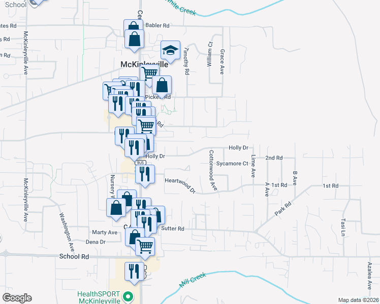 map of restaurants, bars, coffee shops, grocery stores, and more near 1972 Evergreen Court in McKinleyville