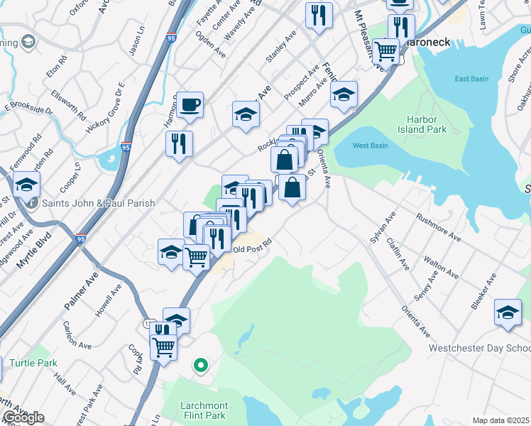 map of restaurants, bars, coffee shops, grocery stores, and more near 953 U.S. 1 in Mamaroneck