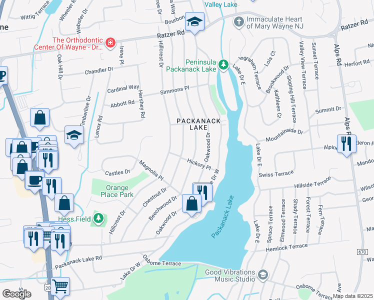 map of restaurants, bars, coffee shops, grocery stores, and more near 96 Chestnut Drive in Wayne