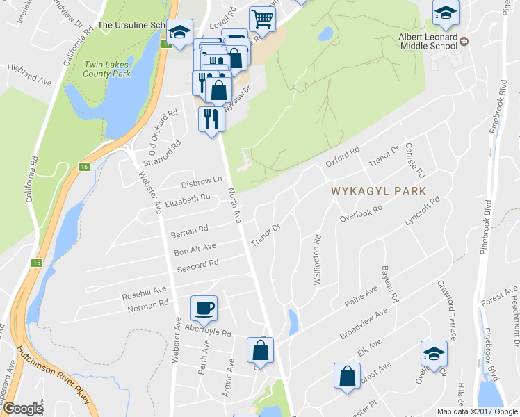 map of restaurants, bars, coffee shops, grocery stores, and more near 35 Avon Road in New Rochelle