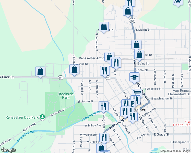 map of restaurants, bars, coffee shops, grocery stores, and more near 702 North Jefferson Street in Rensselaer