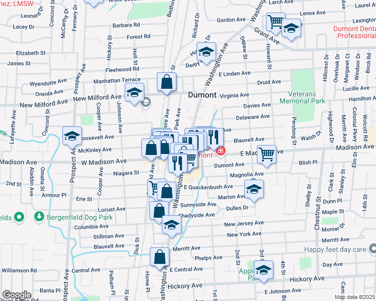 map of restaurants, bars, coffee shops, grocery stores, and more near 149 Washington Avenue in Dumont