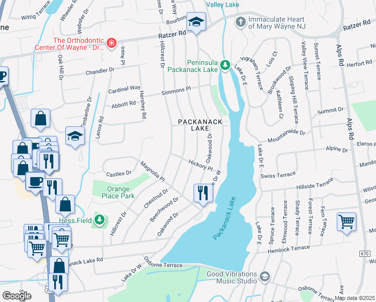 map of restaurants, bars, coffee shops, grocery stores, and more near 96 Chestnut Drive in Wayne
