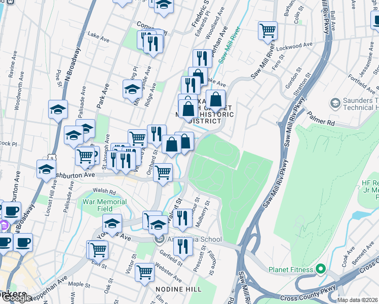 map of restaurants, bars, coffee shops, grocery stores, and more near 45 Saw Mill River Road in Yonkers