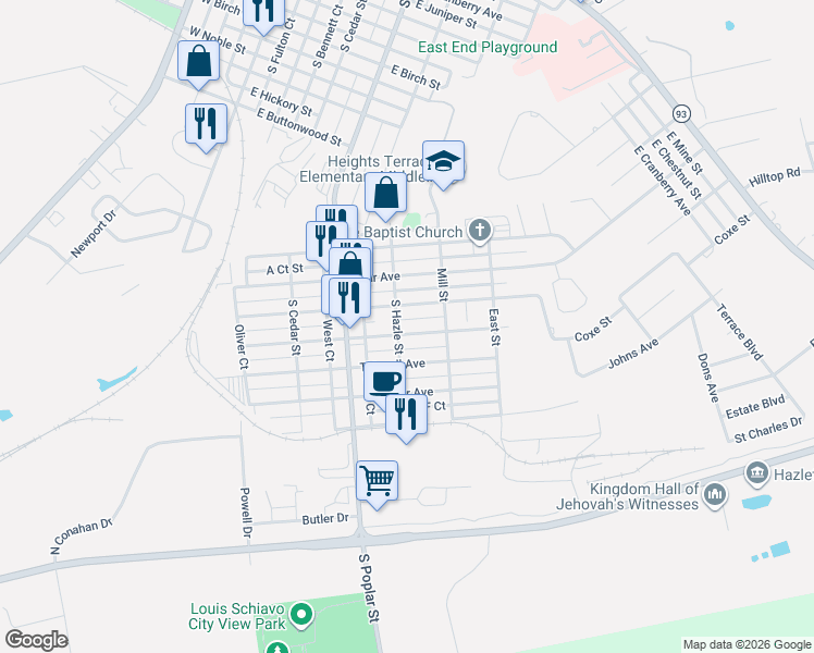map of restaurants, bars, coffee shops, grocery stores, and more near 413 Berner Avenue in Hazleton