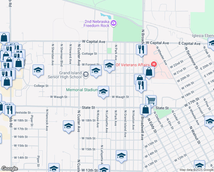 map of restaurants, bars, coffee shops, grocery stores, and more near 2198 College Street in Grand Island