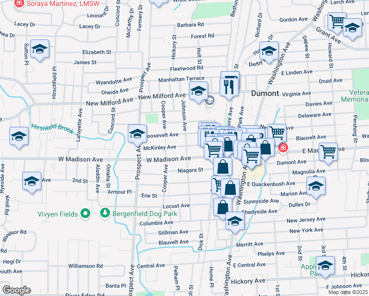 map of restaurants, bars, coffee shops, grocery stores, and more near 142 Johnson Avenue in Dumont